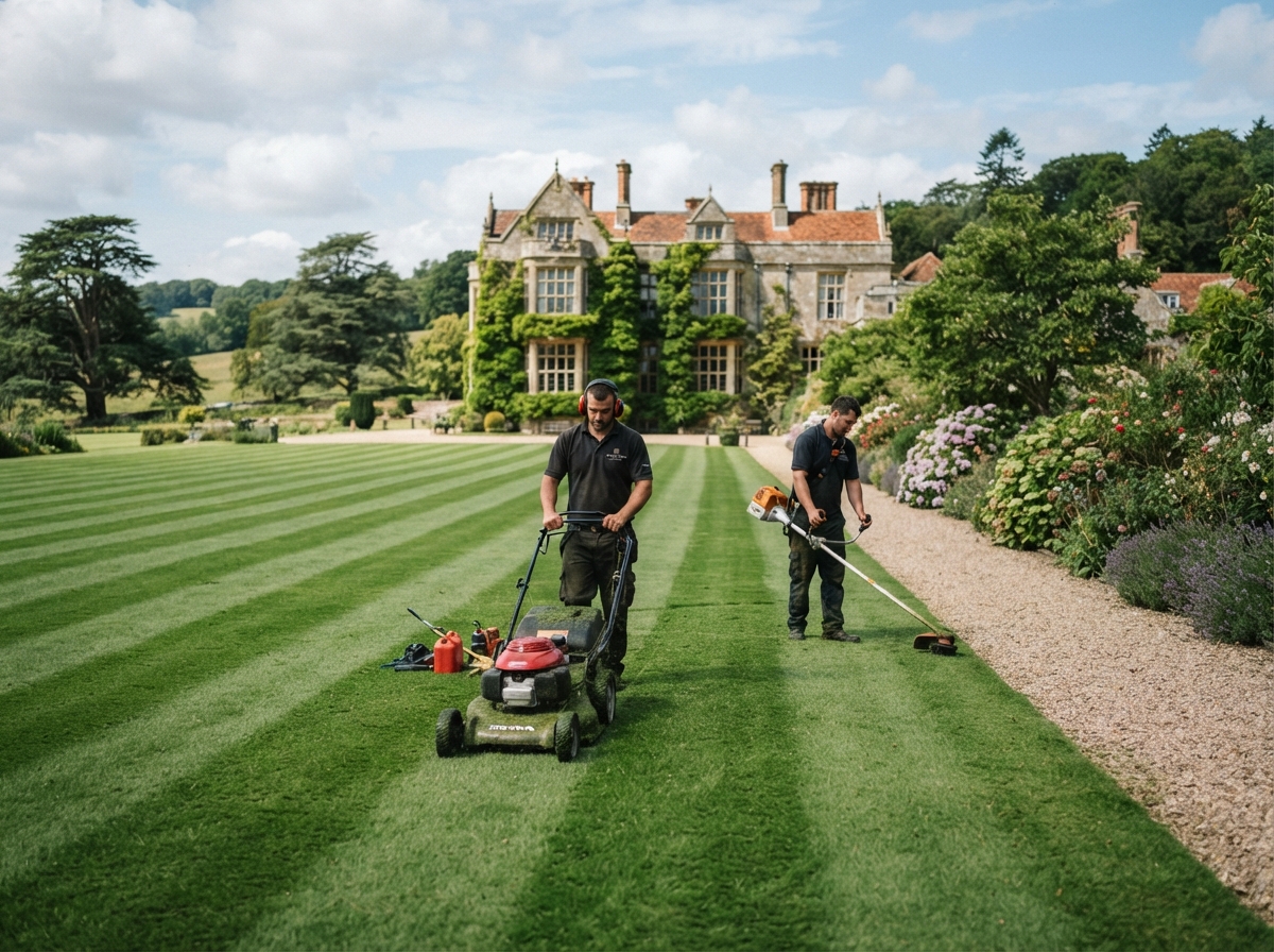 Commercial groundskeeper team performing precise lawn edging on luxury estate