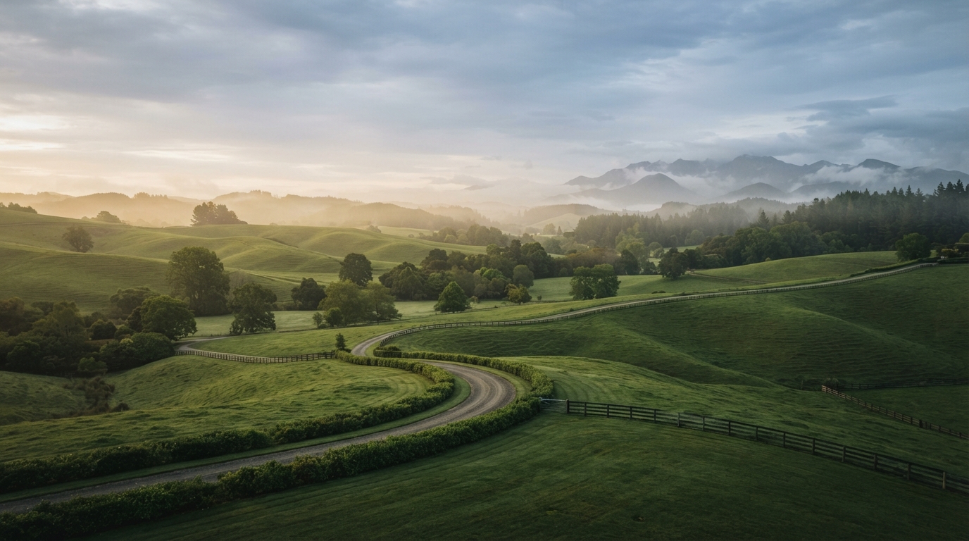 Vast rolling green hills, manicured lawn terrain, early morning soft atmospheric golden haze